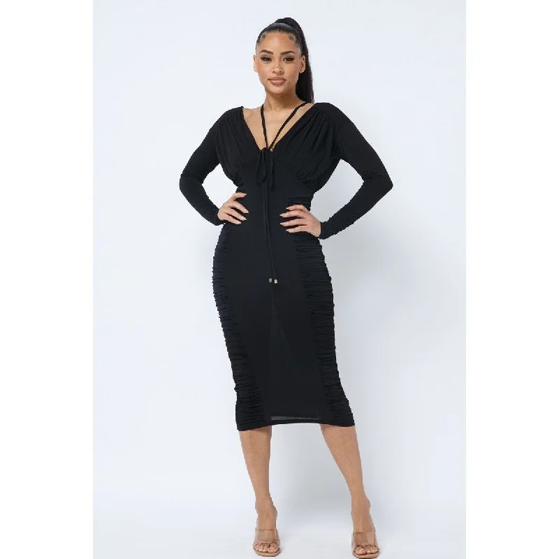 Women Wear Boutique Black Long Sleeve Midi Dress with Low V-Neck and Back