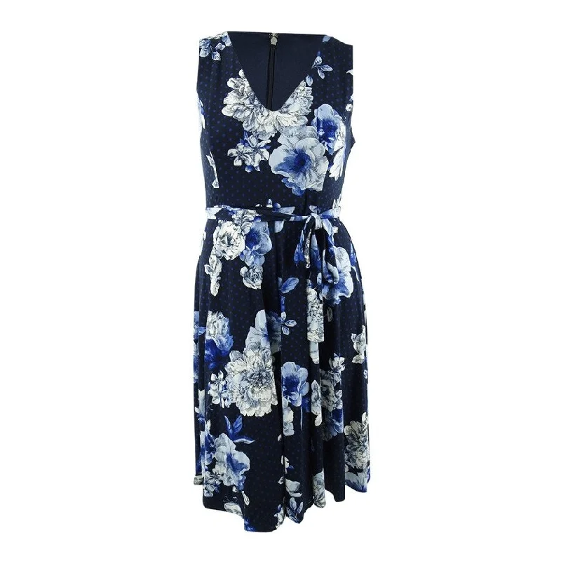 Clothing Sales Tommy Hilfiger Womens Floral V-Neck Fit & Flare Midi Dress, Blue, 14