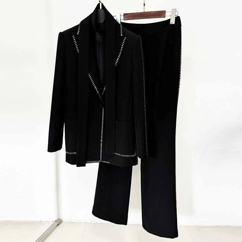 Wardrobe Essentials Women's One Button Chic Pantsuit Scarf Embellished Elegant Oversized Blazer Suit