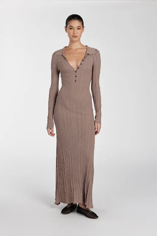 Elegant Simplicity Wardrobe SYLVIA TAUPE POLO KNIT MIDI DRESS