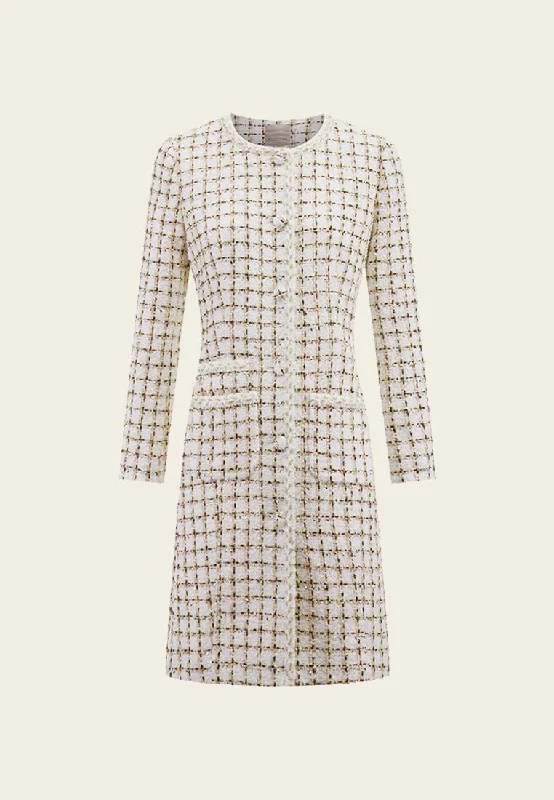 Flash Sales Today Check White Tweed Thigh Length Coat