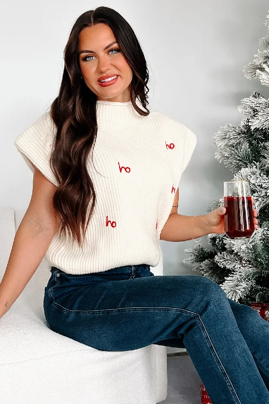 Clothing Sale Santa-Plause "Ho Ho Ho" Padded Shoulder Sweater Top (Cream)