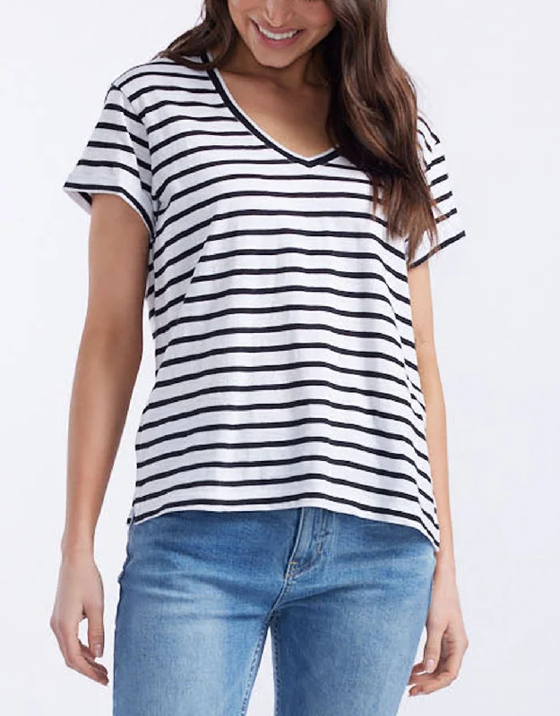 Women’s Clothing for All Occasions Turn Back V Neck T-Shirt - White/Black Stripe