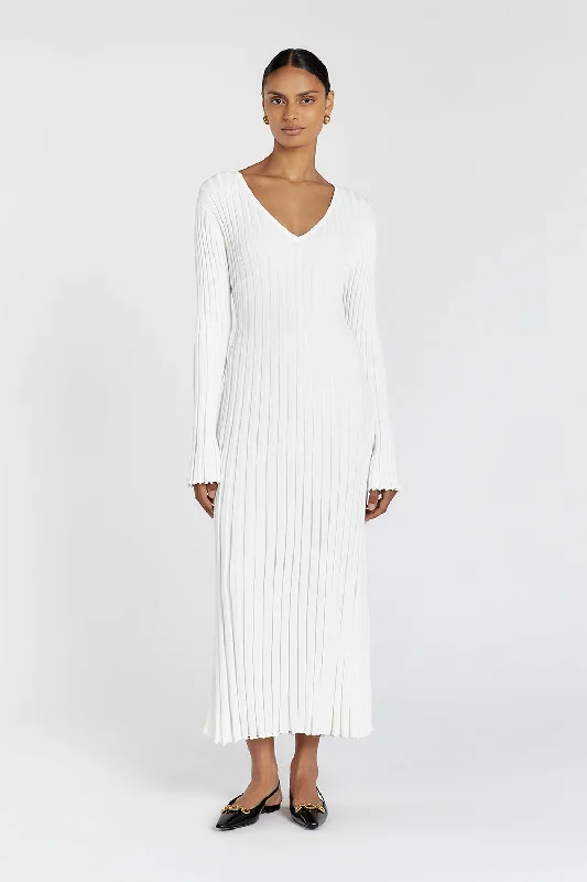 Trendy And Individual Women's Fashion REIGN WHITE SLEEVED KNIT MIDI DRESS