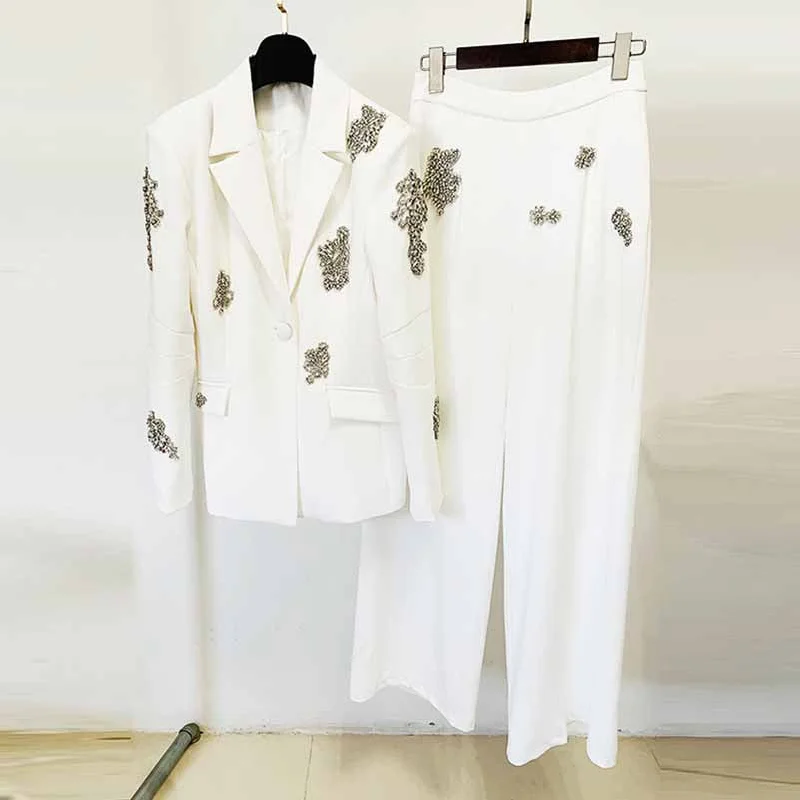 Big Sale Event Women's White Beaded Blazer Suit Two Pieces Wide-Leg Wedding Pantsuit