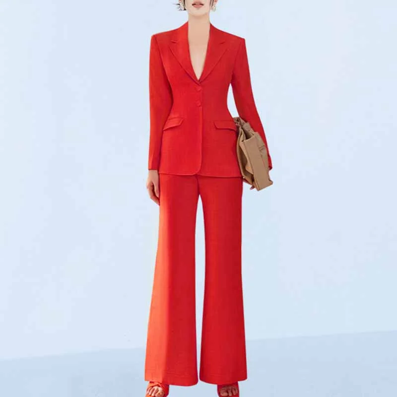 Wardrobe Upgrade Women's Wide-Leg Wedding Suit Red Blazer Trousers Set Event Pantsuit