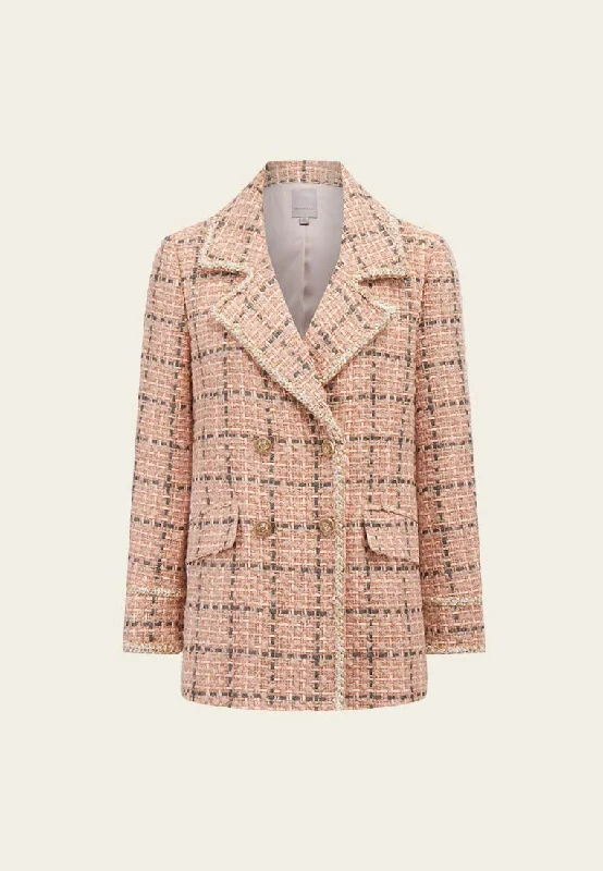 Trendy Boutique Online Pink Wool Plaid Tweed Double-Breasted Coat