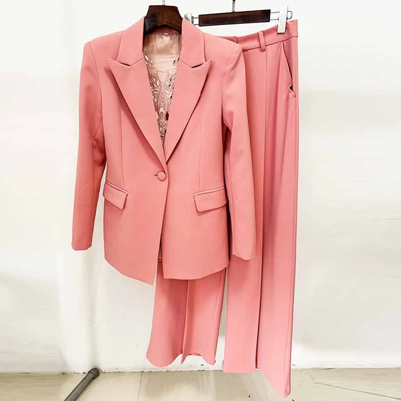 Trendy Women's Collection One Button Coral Pantsuit Back Hollow Out Embroidered Formal Suit