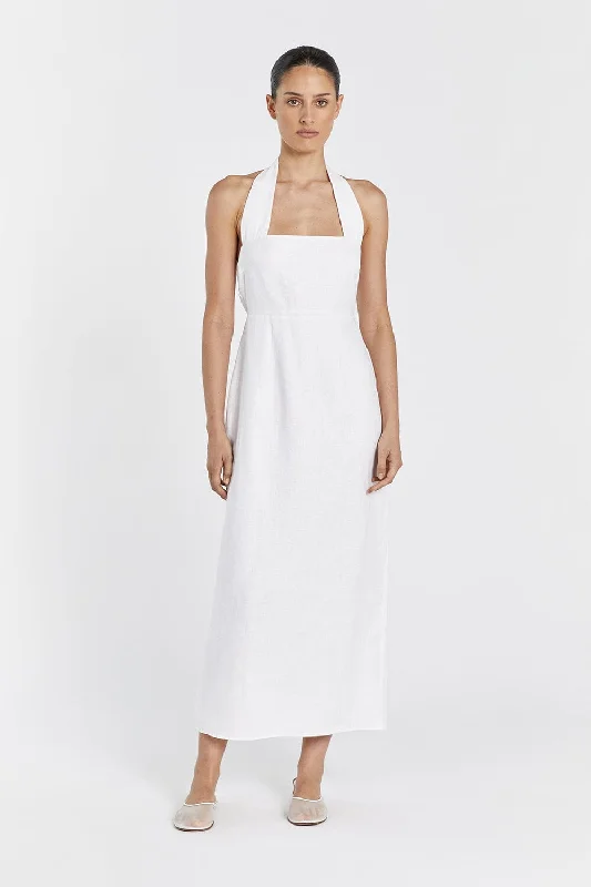 Style Revolution LEO WHITE HALTER LINEN MIDI DRESS