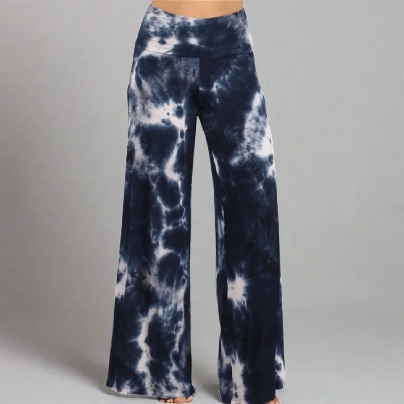 Trendy Fashion For Women Beach and Lounge Navy Tie Dye Palazzo Pants Made in USA