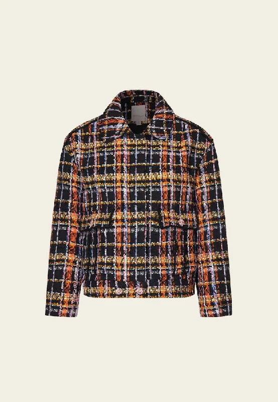 Women's Clothes Orange Plaid Tweed Short Jacket with Collar